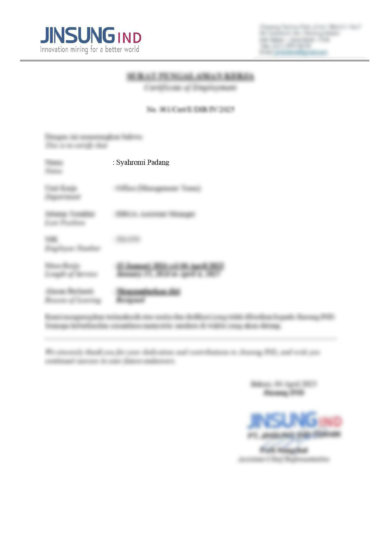 Certificate of Employment